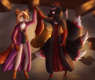 4_tails bangs belly black_body black_fur blonde_hair claws clothed clothing crossdressing dancing detailed_background digit_ring dipstick_tail dress feathers femboy fire fluffy fur green_eyes hair hand_holding happy jewelry long_coat long_hair looking_at_another markings multi_tail orange_body orange_fur paws ponytail pregnant red_body red_eyes red_fur ring smile suit tail tail_markings tavern wedding_ring white_body white_fur stellaamoris stella_(stellaamoris) tivra_nightflame_(bluerosabrier) canid canine fox mammal absurd_res digital_media_(artwork) digital_painting_(artwork) hi_res painting_(artwork)