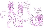 2017 anthro big_breasts breasts buckteeth butt canid canine chest_tuft clothing dialogue digital_drawing_(artwork) digital_media_(artwork) digitigrade dragon english_text female fox genitals group hair hand_on_breast hi_res horn lagomorph leporid lying mammal monochrome mythological_creature mythological_scalie mythology navel nipples nude pussy question_mark rabbit scalie shirt simple_background smile standing surprise tail teeth text tongue tongue_out topwear transformation tuft watsup white_background wide_hips wonderbunny