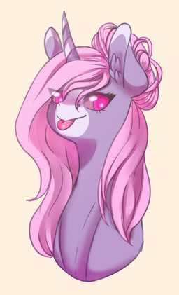 blep female feral hair horn inner_ear_fluff looking_at_viewer pink_eyes pink_hair purple_body simple_background solo tan_background tongue tongue_out tuft murzikteijiro mythology equid equine mammal mythological_creature mythological_equine unicorn absurd_res bust_portrait hi_res portrait