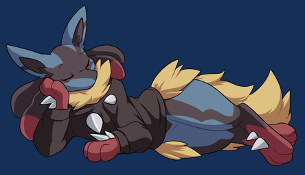 ambiguous_gender anthro blue_body bottomless clothed clothing eyes_closed fur hoodie hoodie_only lying on_side red_paws resting simple_background solo spikes spikes_(anatomy) topwear topwear_only transparent_background yellow_body yellow_fur fizzy-dog nintendo pokemon generation_6_pokemon mega_evolution mega_lucario pokemon_(species) 2018 alpha_channel