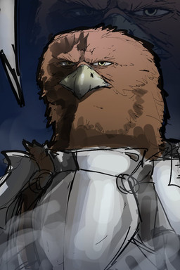 anthro armor beak black_background breastplate brown_body feathers looking_at_viewer male serious_face simple_background solo zela_kantal elden_ring elden_ring_nightreign fromsoftware guardian_(nightreign) accipitrid accipitriform avian bird hi_res