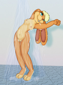 anthro bathing breasts female genitals nude shower showering solo stretching_arms vulva water wet orangestheasd looney_tunes warner_brothers lola_bunny lagomorph mammal 3:4 hi_res