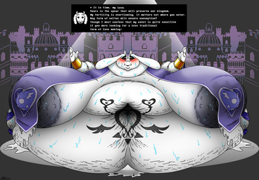 anthro areola arm_cuffs aroused belly belly_tattoo big_areola big_belly big_breasts big_butt big_nipples blush bodily_fluids breasts butt dark_areola dark_nipples female fertility_goddess horn huge_areola huge_belly huge_breasts huge_butt huge_nipples hyper jewelry lactating looking_at_viewer mature_female milk morbidly_obese nipples obese obese_anthro obese_female overweight overweight_anthro overweight_female red_eyes solo sweat sweatdrop sweaty_butt tattoo text xanderdwulfe undertale undertale_(series) toriel bovid caprine deity goat mammal english_text hi_res