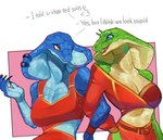 anthro blue_body blue_scales bra breasts cleavage clothed clothing dialogue duo female furgonomics furry-specific_piercing green_body green_scales heart_symbol horn midriff piercing scales snake_hood snake_hood_piercing text underwear lbt9000 reptile scalie snake english_text hi_res