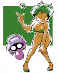 ambiguous_gender bikini black_eyes breasts cleavage clothed clothing duo ear_piercing ear_ring female footwear green_bikini green_clothing green_eyes green_footwear green_hair green_pokeball green_shoes green_swimwear hair hand_on_knee hand_on_leg human_focus not_furry_focus one_eye_closed piercing pokeball purple_body purple_skin ring_piercing shoes short_hair smile swimwear tongue tongue_out two-piece_swimsuit wink inkerton-kun nintendo pokemon pokemon_trainer swimmer_(pokemon) generation_1_pokemon human mammal pokemon_(species) shellder