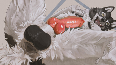abstract_background animal_genitalia animal_penis anus balls black_balls black_body black_fur black_nose black_pawpads butt canine_genitalia canine_penis claws crotch_shot darkened_balls darkened_genitalia erection fangs feral finger_claws fluffy fur genitals knot knotted_penis lying male male_feral on_back open_mouth open_smile pawpads penis presenting presenting_anus presenting_crotch presenting_penis sheath smile solo spread_legs spreading teeth tongue white_body white_fur yellow_eyes cosmiclife maugrim_(chronicles_of_narnia) canid canine canis mammal wolf hi_res shaded