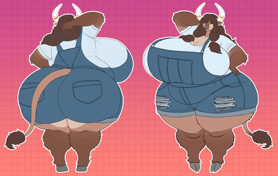 2_horns anthro areola belly big_belly big_breasts big_butt breasts brown_body brown_fur brown_hair butt cellulite cleavage clothed clothed_anthro clothed_female clothing cloven_hooves eyebrow_through_hair eyebrows eyelashes female female_anthro freckled_chest freckles front_view fur glistening_eyelids green_eyes hair hand_behind_head hooves horn huge_breasts huge_butt huge_hips huge_thighs long_eyelashes mature_anthro mature_female nipples overalls overweight overweight_female pink_areola pink_nipples rear_view shirt solo tail tan_body tan_fur thick_thighs topwear translucent translucent_hair unguligrade wide_hips vintagart holly_(noeticred) bovid bovine cattle highland_cattle mammal hi_res model_sheet