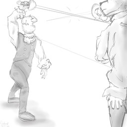 anthro clothing duel duo epee_(sword) fencing footwear grin male melee_weapon nervous noble parry rapier shoes simple_background smile sword weapon owlord canid canine canis domestic_dog fox mammal 1:1 hi_res monochrome