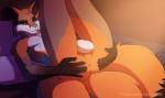 2019 2d_animation 3_tails 5_fingers animated anthro anus balls bed blue_nose brown_body brown_fur butt canid canine cheek_tuft claws countershading digital_media_(artwork) english_text eyebrows facial_tuft fingers flabbyotter fox fur furniture genitals grey_fox inside legs_up loop lying male mammal markings motion_tweening multi_tail multicolored_body multicolored_fur nude on_back on_bed presenting red_body red_fur rockit short_playtime signature simple_background smile solo spread_anus spreading stretched_anus tail text tuft urocyon white_body white_fur
