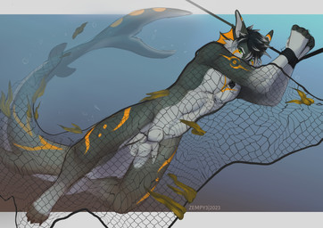 animal_genitalia anthro balls bdsm bondage bound bridge_piercing captured crotch_fins ear_fins facial_piercing fin fishing_net genitals male markings membrane_(anatomy) net nose_piercing nude orange_markings piercing shark_tail sheath solo underwater water webbed_hands zempy3 rick_marks aquatic canid canine fish fox hybrid mammal shark absurd_res hi_res