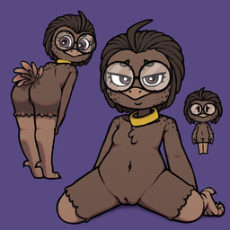 anthro brown_body brown_feathers brown_hair butt chibi clothed clothing collar eyewear feathers female genitals glasses gold_(metal) gold_collar group hair kneeling loli looking_at_viewer looking_back metal_collar partially_clothed simple_background smile trio vulva wearing_glasses young young_anthro srfrosho pepper_mbuni avian bird ostrich ratite 1:1 2025