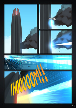 blue_light blue_sky bright_light building day metal orange_light outside sky smoke structure tower zero_pictured rednroge comic hi_res
