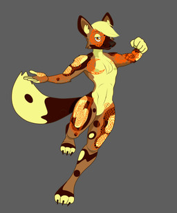 anthro big_snout big_tail hair hair_over_eye male muscular nipples no_genitals paws pose raised_hand raised_leg simple_background slim solo tail tattoo yellow_body villegreen canid canine fox mammal absurd_res hi_res
