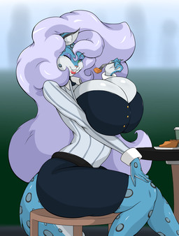 anthro big_breasts biped blue_body blue_fur breasts clothed clothing eyebrows eyeshadow female fur hair huge_breasts looking_at_viewer makeup markings outside pupils purple_hair side_view sitting smile solo spots spotted_body spotted_fur tail thick_thighs jludragoon felid mammal pantherine snow_leopard