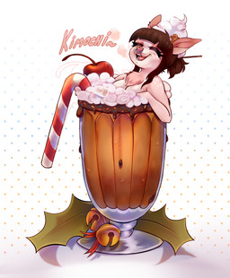 bathing bell beverage brown_hair candy candy_cane cherry chocolate container dessert detailed_food ear_piercing eyes_closed facial_piercing female food fruit fur gingerbread_man hair holly_(plant) hot_chocolate in_container in_cup in_food marshmallow micro nose_piercing open_mouth pattern_background piercing pink_body pink_fur plant ribbons septum_piercing simple_background smile solo sprinkles text white_body white_fur murfa yagiwoo pocky deer mammal 2021 absurd_res artist_collaboration detailed hi_res
