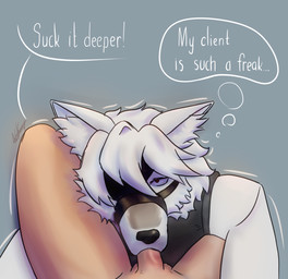 anthro anthro_penetrated clothing dialogue duo fellatio female female_on_human fur grey_body grey_fur human_on_anthro human_penetrating human_penetrating_anthro interspecies leg_grab male male/male male_human male_on_anthro messy_fur one_eye_obstructed oral oral_penetration penetration penile raised_leg red_eyes sex simple_background text white_body white_fur van_kornep mihoyo zenless_zone_zero anon von_lycaon canid canine canis human humanoid mammal wolf english_text hi_res