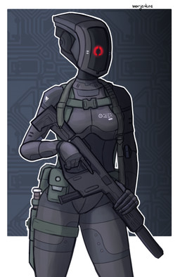 belt black_body female gun holding_object holding_weapon knife knife_sheath looking_at_viewer machine pouches ranged_weapon red_eyes simple_background solo standing straps weapon warjenkins humanoid robot robot_humanoid absurd_res digital_media_(artwork) hi_res