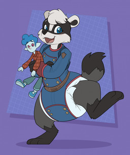 3_toes anthro belt big_diaper black_body black_fur black_nose black_tail black_tail_tip blush blush_lines brown_belt button_(fastener) clean_diaper clothed clothing cosplay diaper diaper_under_clothing diaper_under_onesie dipstick_tail feet female fur grey_body grey_fur grey_tail hair holding_object holding_plushie leg_markings markings multicolored_body multicolored_fur on_one_leg onesie open_mouth open_smile plushie purple_background sharp_teeth simple_background smile socks_(marking) solo standing tail tail_markings teeth three-quarter_view toes wearing_diaper white_body white_diaper white_ears white_fur white_hair white_inner_ear bubblepuppers disney guardians_of_the_galaxy marvel onward_(2020) pixar ian_lightfoot rocket_raccoon badger mammal mustelid musteline full-length_portrait hi_res portrait female_(lore)