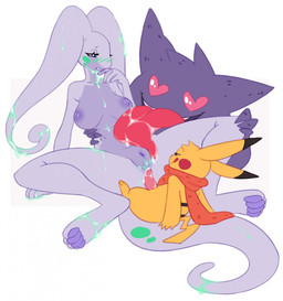 ambiguous_gender animal_genitalia animal_penis antennae_(anatomy) anthro areola big_breasts blue_eyes blush bodily_fluids breasts cheek_spots curled_tail erection eyelashes female female/ambiguous fur genital_fluids genitals group group_sex hair hand_on_leg heart_eyes heart_symbol larger_female leaning leaning_backward licking licking_lips long_tongue looking_down male male/female mostly_nude narrowed_eyes nipples nude pawpads penis precum purple_areola purple_body purple_nipples purple_vulva saliva scarf sex sitting size_difference slime smaller_male smile stripes tail teeth threesome tongue tongue_out trio vulva waist_grab yellow_body yellow_fur moshi_chan mythology nintendo pokemon dragon generation_1_pokemon generation_6_pokemon gengar ghost goodra mammal mythological_creature mythological_scalie pikachu pokemon_(species) rodent scalie spirit 2020 hi_res