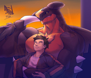 anthro biceps clothing duo dusk eyes_closed hug hugging_another hugging_from_behind interspecies intimate jacket light male male/male multicolored_body multicolored_scales muscular muscular_anthro muscular_male pecs pokephilia scales shirt smile smiling_at_another smiling_at_partner spikes spikes_(anatomy) topwear white_clothing white_shirt white_topwear abzel nintendo pokemon fury_(allanthe) aquatic fish garchomp generation_4_pokemon human mammal pokemon_(species) shark 2026 digital_media_(artwork) digital_painting_(artwork) lighting painting_(artwork) signature watermark