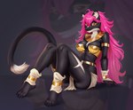 anthro armlet black_body black_fur clothing female fur fur_markings hair jewelry leg_markings long_hair long_tail markings multicolored_body multicolored_fur pink_hair red_eyes solo tail thigh_markings thin_tail two_tone_body two_tone_fur white_body white_fur kilbi king_of_thorn zeus_female felid feline humanoid mammal zeus_genus 2023 absurd_res digital_media_(artwork) hi_res signature