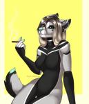 5_fingers anthro blue_eyes blue_nose breasts ear_piercing featureless_breasts featureless_crotch female fingers piercing simple_background solo padjetxharrington padjet_harrington canid canine mammal 2017 digital_media_(artwork) hi_res