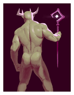 biped border butt fist glowing green_body head_horn holding_object holding_staff horn humanoid_pointy_ears male nude nude_humanoid nude_male pointy_ears purple_background rear_view simple_background solo staff white_border kingarthur_i humanoid 2023 digital_drawing_(artwork) digital_media_(artwork) hi_res portrait three-quarter_portrait