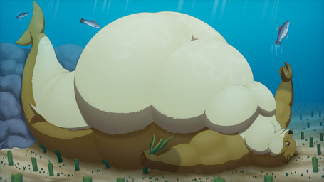 5_fingers anthro apode belly big_belly brown_body chubby_cheeks detailed_background double_chin fat_arms fin fingers fur huge_belly legless lying male mermaid_tail moobs morbidly_obese morbidly_obese_male obese obese_male on_back overweight overweight_male sea seabed seaweed solo tail thick_tail water white_body white_fur white-dragon aquatic fish mammal mustelid otter 16:9 2025 4k absurd_res cel_shading hi_res shaded signature widescreen