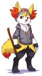 anthro black_hair blonde_hair clothing fur hair male multicolored_body red_eyes red_hair solo standing tail naoren nintendo pokemon braixen generation_6_pokemon pokemon_(species)