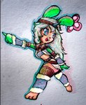 3_toes 4_fingers anthro blue_eyes breasts brown_body brown_fur brown_nose buckteeth cactus cactus_flower claws clothing eyelashes fake_horns feet female fingers flower freckles fur green_arms green_claws hair headgear headwear iris kirin_(armor) multicolored_eyes open_mouth open_smile pink_pupils plant pupils rabbit_ears small_breasts smile solo teeth toes sheebibites nebra_(blushroom) elemental_creature flora_fauna lagomorph leporid mammal rabbit absurd_res colored hi_res portrait traditional_media_(artwork)