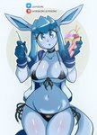 2023 5_fingers absurd_res anthro anthrofied artist_name big_breasts bikini blue_eyes blue_hair blush breasts choker cleavage clothed clothing cutlery dessert eeveelution eyebrow_through_hair eyebrows eyelashes female fingers food generation_4_pokemon glaceon hair hi_res holding_spoon ice_cream jacket jewelry kitchen_utensils legs_together long_hair looking_at_viewer lucyfercomic midriff navel necklace nintendo open_mouth patreon pokemon pokemon_(species) side-tie_bikini small_waist solo spoon standing string_bikini swimwear text tools topwear translucent translucent_hair twitter_handle url