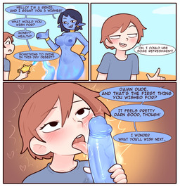 3_panel_comic areola blue_areola blue_body blue_hair blue_nipples blue_skin blush blush_lines bracelet breasts brown_hair clothing collar dialogue duo ear_piercing ear_ring erection genitals ghost_tail glans gold_(metal) gold_bracelet gold_collar gold_ear_ring gold_jewelry greeting gynomorph gynomorph/male hair half-closed_eyes humanoid_pointy_ears intersex intersex/male jewelry licking magic_lamp male metal_collar narrowed_eyes nipples open_mouth open_smile oral penile penis penis_lick piercing pointy_ears ring_piercing sex shirt smile smirk smug smug_face speech_bubble t-shirt text tongue topwear red7cat genie humanoid comic english_text hi_res
