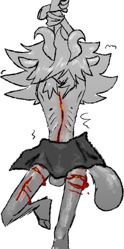 anthro balls bloodplay bound genitals hands_tied leg_scar lying male on_back scar scars_all_over self-harm simple_background solo thigh_scar white_background wounded trixietragedy trixie_(trixietragedy) bovid caprine goat mammal absurd_res hi_res