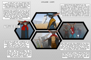 ambiguous_gender anthro armor big_ears civilian cloak clothing dialogue ears_up field group gun hat headgear headwear holding_gun holding_object holding_ranged_weapon holding_weapon inside long_ears offscreen_character outside ranged_weapon red_clothing red_hat red_headwear text weapon wheat wheat_field wheat_stalk ipoke felid feline mammal si'itiae english_text