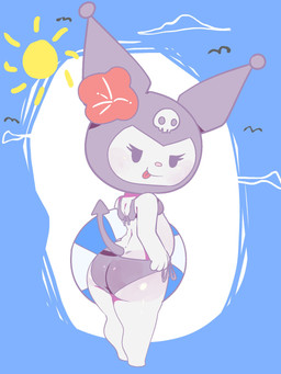 anthro arched_back ball beach_ball big_butt bikini black_bikini black_clothing black_swimwear blue_background blush bone breasts butt clothing eyeliner featureless_feet feet female flower hat headgear headwear inflatable looking_at_viewer looking_back makeup mouth_closed plant presenting presenting_hindquarters rear_view side-tie_bikini simple_background skull small_breasts solo spade_tail string_bikini sun swimwear tail tongue two-piece_swimsuit white_background white_body meweeze onegai_my_melody sanrio kuromi demon lagomorph leporid mammal rabbit 3:4 absurd_res hi_res shaded