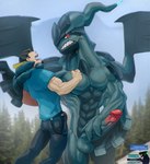 abs anthro anthro_dominating_human backwards_hat big_dom_small_sub big_muscles big_pecs big_penis black_body bodily_fluids bottomwear chokehold clenched_teeth clothed clothed/nude clothing dominant dominant_anthro dominant_male dripping duo erection generation_5_pokemon genital_fluids genitals grey_body hat headgear headwear hi_res holding_partner horn human human_on_anthro imminent_rape imminent_sex interspecies larger_anthro larger_male legendary_pokemon male male/male mammal multicolored_body muscular muscular_male nintendo nude pants pecs penis pokemon pokemon_(species) pokemon_trainer pokephilia precum precum_drip shirt size_difference smaller_human smaller_male submissive submissive_human submissive_male teeth todex topwear winged_arms wings zekrom