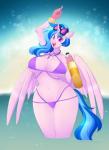 absurd_res anthro anthrofied avian big_breasts bikini blue_hair bottle breasts clothed clothing container equid equine european_mythology eyewear female fised friendship_is_magic greek_mythology hair hasbro hi_res hippogriff horn jewelry mammal my_little_pony mythological_avian mythological_creature mythological_equine mythology necklace pose purple_eyes senseidezzy silverstream_(mlp) solo sunglasses swimwear unicorn vinyl_scratch_(mlp) water wide_hips