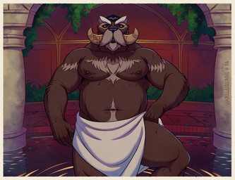 anthro belly border facial_hair front_view goatee looking_at_viewer male male_anthro mature_anthro mature_male musclegut muscular muscular_anthro muscular_male mustache nipples overweight overweight_anthro overweight_male partially_submerged solo standing towel towel_only tusks wet yellow_border guerillasquirrel dota dota_underlords valve valve_corporation jull_(dota_underlords) aquatic mammal pinniped walrus