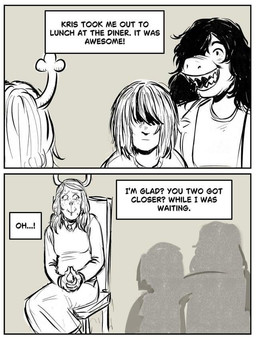 anthro antlers chair clothing cuck_chair dialogue dress female furniture group hair horn male on_chair sitting sitting_on_chair teeth trio unknown_artist deer human mammal reptile scalie comic digital_media_(artwork) monochrome