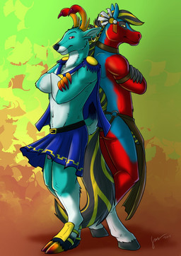 abstract_background anthro blonde_hair blue_body blue_bottomwear blue_cape blue_clothing blue_fur blue_skirt bottomwear brown_bottomwear brown_clothing brown_loincloth cape clothing crossed_arms duo ear_piercing ear_ring fur genitals glans grey_hair grey_penis grey_tail hair loincloth male male_anthro mouth_closed multicolored_hair narrowed_eyes penis piercing pink_glans red_body red_eyes red_fur ring_piercing side_view skirt slim_anthro slim_male standing striped_genitalia striped_penis stripes tail two_tone_hair unusual_antlers white_body white_fur yellow_eyes yellow_penis yellow_tail hufnaar deer equid equine horse mammal 2015 dated hi_res signature