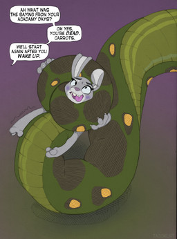 anthro asphyxiation choking coiling duo eyelashes feet female female/female feral fur grey_body grey_fur larger_feral long_ears nude open_mouth serpentine simple_background size_difference smaller_anthro tail text toes tongue tacokurt disney zootopia inkanyamba judy_hopps anaconda boa_(snake) boinae european_rabbit lagomorph leporid mammal oryctolagus rabbit reptile scalie snake digital_media_(artwork) english_text hi_res