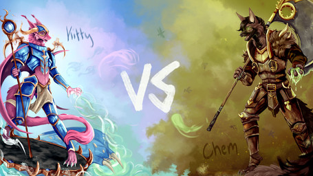 4_toes 5_fingers anthro armor axe battle_axe blue_armor brown_armor canine_teeth claws cloudy_background dueling duo fantasy_weapon feet female fighting_pose fingers fur glowing glowing_eyes green_claws green_eyes grey_claws hammer magic_staff magic_user male open_mouth pink_body pink_fur pointy_ears pose split_background toes tools warhammer tsunekitsune mythology nurgle tzeentch canid canine canis domestic_dog dragon furred_dragon furred_scalie german_shepherd herding_dog mammal mythological_creature mythological_scalie pastoral_dog scalie hi_res