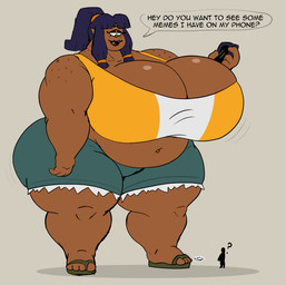 1_eye 4_fingers 4_toes accessory ambiguous_gender belly big_belly big_breasts biped black_hair bottomwear breasts cellphone cleavage clothed clothing duo electronics eyebrows eyelashes feet female fingers flip_flops footwear freckled_face freckled_neck freckled_shoulders freckles hair hair_accessory holding_object holding_phone huge_breasts hyper hyper_breasts larger_female larger_monster long_hair looking_at_another looking_down looking_up macro navel navel_piercing not_furry open_mouth overweight overweight_female phone piercing plantigrade pointy_ears question_mark sandals sharp_teeth shoes shorts simple_background size_difference smaller_ambiguous smaller_human smartphone smile speech_bubble stud_piercing teeth text thick_thighs tight_clothing toes tongue topwear tusks wide_hips tellybot european_mythology greek_mythology mythology ambiguous_character stella_(tellybot) cyclops human humanoid mammal monster monstrous_humanoid mythological_creature 2026 digital_media_(artwork) english_text hi_res