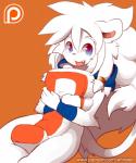 ambiguous_gender anthro biped clothing cute_fangs fangs front_view hair hat headgear headwear hug hugging_object hugging_pillow kemono looking_at_viewer mane mane_hair mostly_nude orange_background patreon_logo pillow simple_background sitting smile solo teeth text website_logo young whiteleo patreon leo_(whiteleo) felid lion mammal pantherine 5:6 absurd_res hi_res url