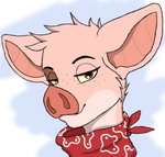 anthro eyebrows freckles fur kerchief male multicolored_body multicolored_fur neckerchief neckwear orange_eyes pink_body pink_fur smile smug_face solo thick_eyebrows yellow_sclera qunteki duncan_(kabscorner) domestic_pig mammal suid suina sus_(pig) headshot_portrait portrait