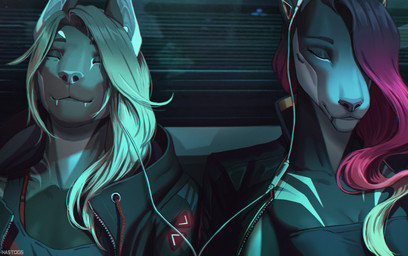 anthro clothing duo electronics eyes_closed fangs female hair headgear headphones headset jacket listening_to_music long_hair teeth topwear train vehicle hastogs era_(kirchen) nuneth_rae_(hastogs) canid canine canis domestic_dog mammal 2023 digital_drawing_(artwork) digital_media_(artwork) half-length_portrait hi_res portrait