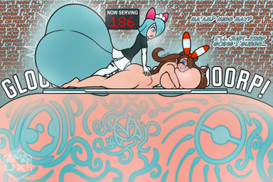 anthro balls big_balls big_breasts bodily_fluids breasts clothing cum cum_inflation cum_inside female femboy genital_fluids genitals huge_balls huge_breasts hyper hyper_balls hyper_genitalia inflation interspecies maid_uniform pokephilia text uniform uxdragon nintendo pokemon kurly may_(pokemon) generation_3_pokemon human kirlia mammal pokemon_(species) shiny_pokemon english_text