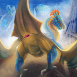4_toes animal_genitalia anisodactyl butt claws cloaca feathered_crest feathers feet female feral genitals head_crest looking_at_viewer looking_back looking_back_at_viewer presenting presenting_cloaca presenting_genitalia presenting_hindquarters raised_tail scutes solo tail toes vulva wings akaylass capcom monster_hunter flying_wyvern scalie hi_res