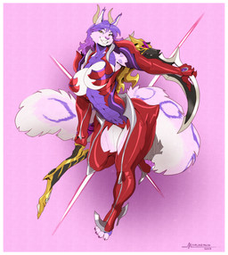 4_toes anthro armor big_breasts border breasts clothed clothing eyebrows feet female fur grin hair horn long_hair melee_weapon multicolored_body multicolored_fur multicolored_tail pawpads pink_body pink_fur pink_tail polearm purple_hair purple_tail scythe smile solo tail teeth thick_thighs toes weapon white_body white_border white_fur white_tail yellow_eyes mainlinemojo mammal 2025 absurd_res full-length_portrait hi_res portrait signature