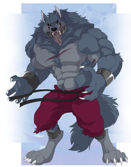 4_toes 5_fingers abs anthro big_muscles big_pecs black_sclera blue_body blue_fur bodily_fluids bottomwear claws clothing fangs feet fingers fur gradient_background looking_at_viewer male muscular nipples open_mouth paws pecs saliva scar sharp_teeth shorts simple_background solo teeth toes tongue tongue_out yellow_eyes weskers mythology enigma_(daltenigma) canid canine mammal mythological_canine mythological_creature werecanid werecanine werecreature werewolf 2026 hi_res